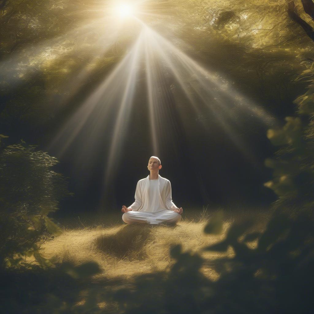 A person meditating, surrounded by nature.