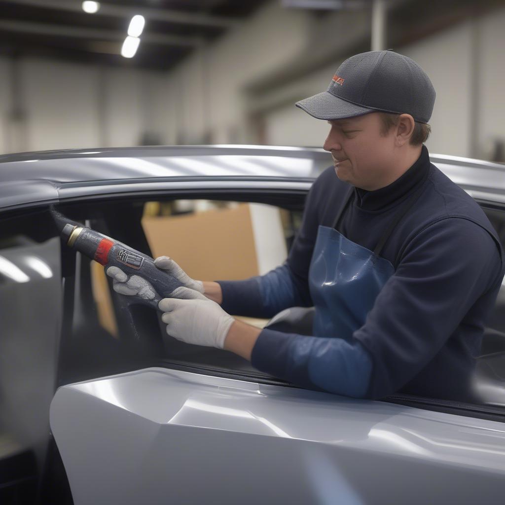 Professional installer applying a 4k diamond wrap to a car, demonstrating the meticulous process and use of specialized equipment.