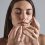 Woman applying Abyssinian oil hair serum to her hair