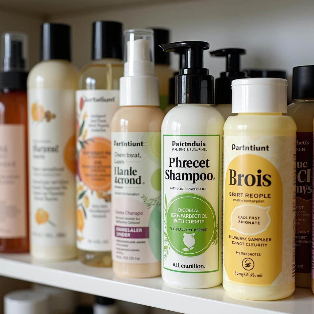 Various bottles of all nutrient shampoo on a shelf