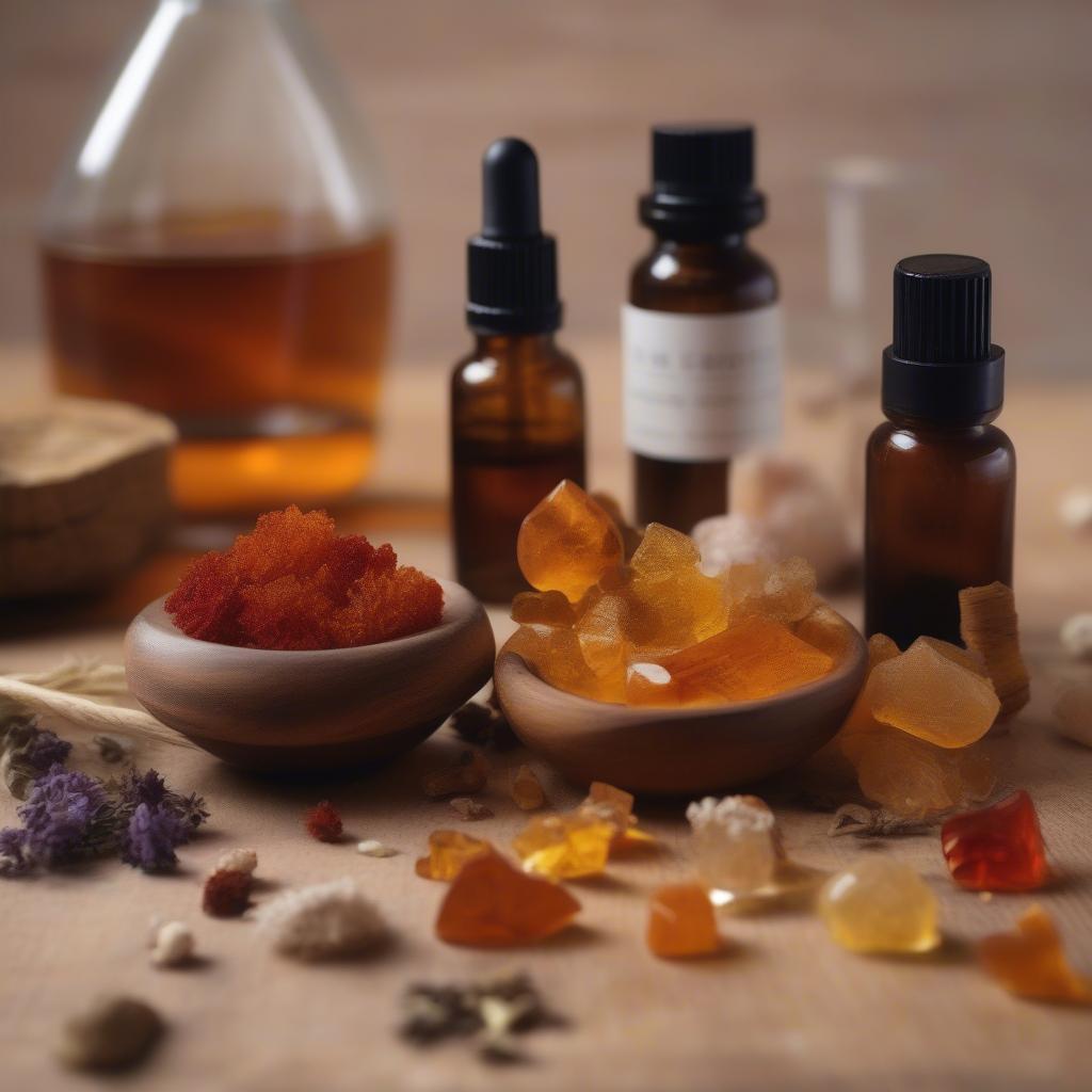 Raw amber resin alongside various perfume ingredients, highlighting the natural origins and craftsmanship of fragrance creation.