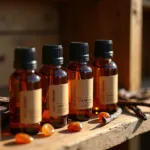 Amber vanilla fragrance bottles on a wooden shelf