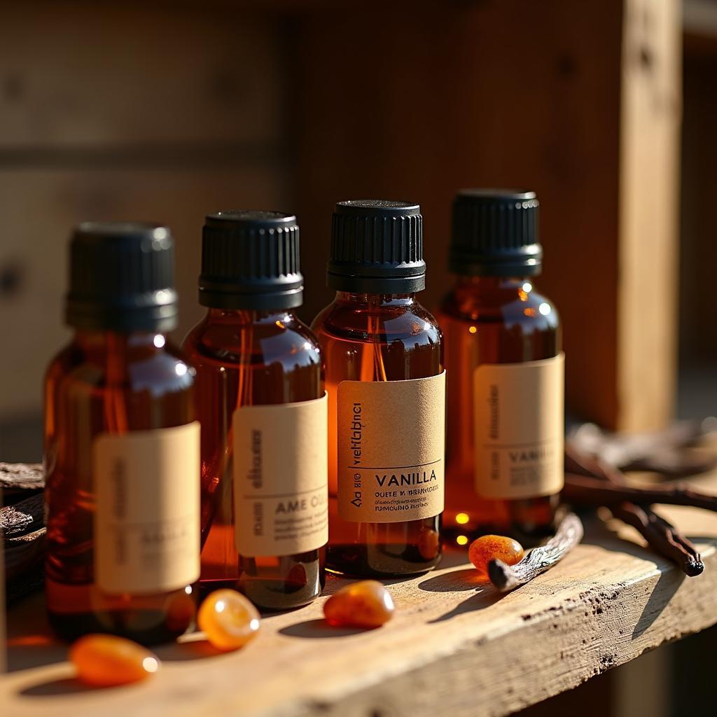 Amber vanilla fragrance bottles on a wooden shelf