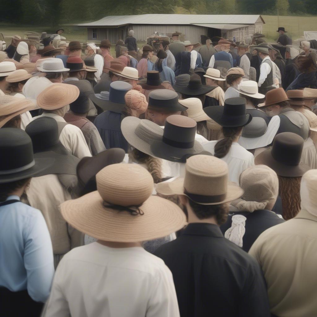 Amish Community Gathering with Bonnets