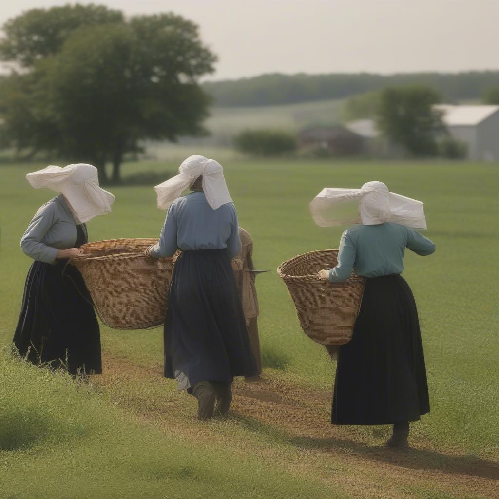 Amish Women Working on a Farm with Bonnets