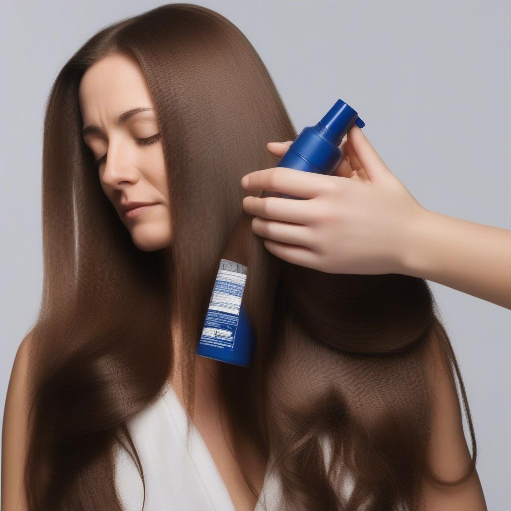 Woman applying anti-itching spray to her scalp