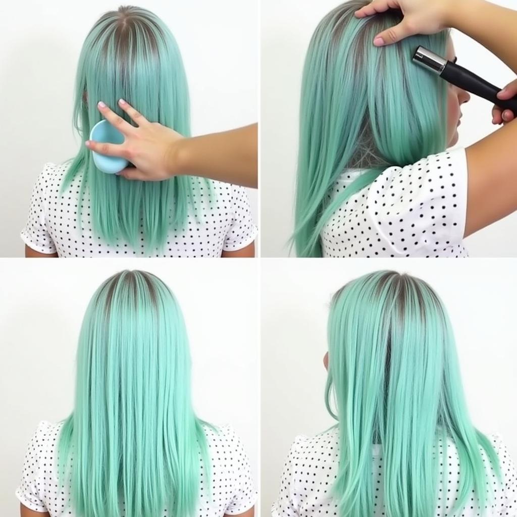 Applying blue/green hair dye to bleached hair