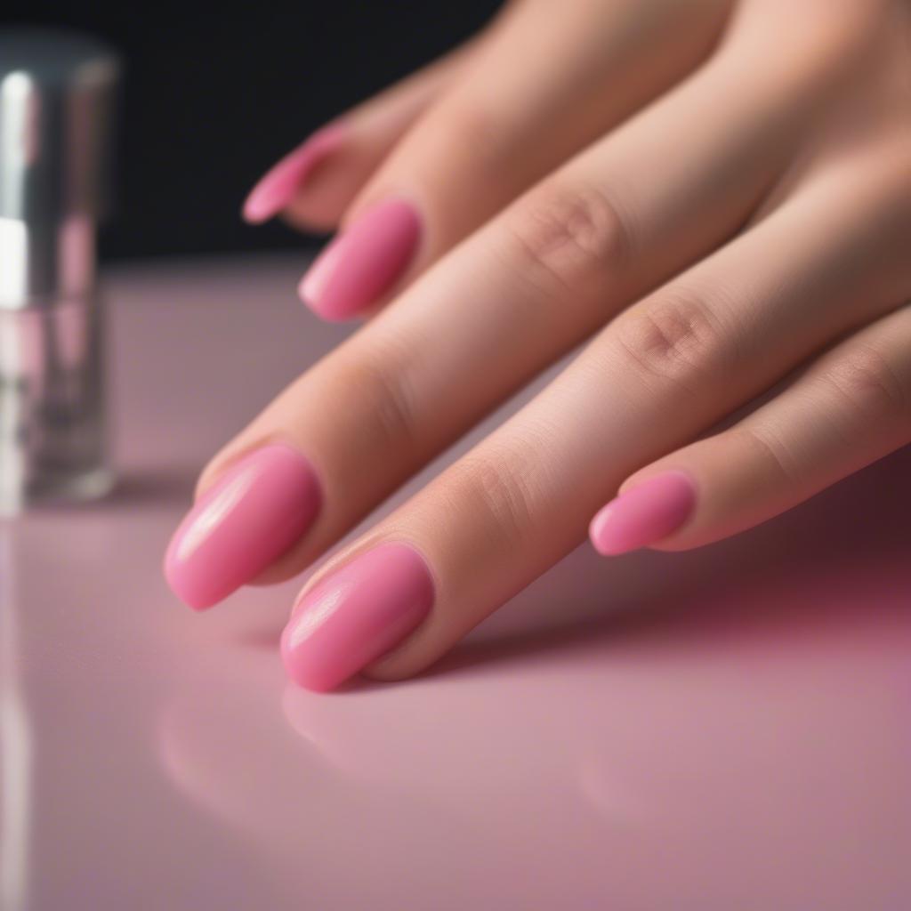 Applying clear pink nail polish with a fine brush.