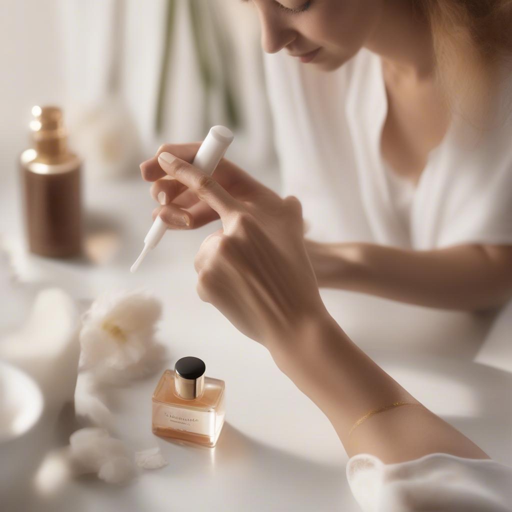 A woman applying coconut and sandalwood perfume to her wrist.