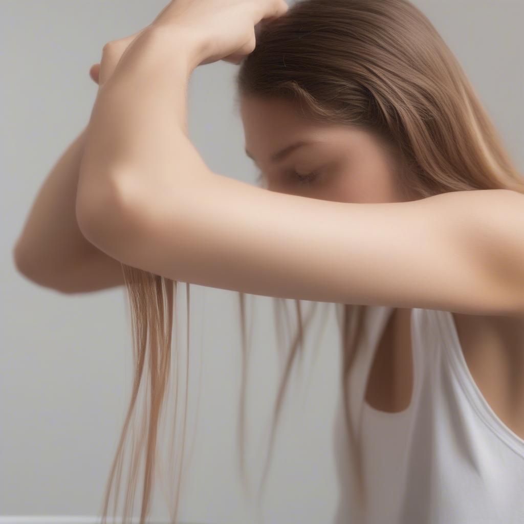 A person applying conditioner to the ends of their hair