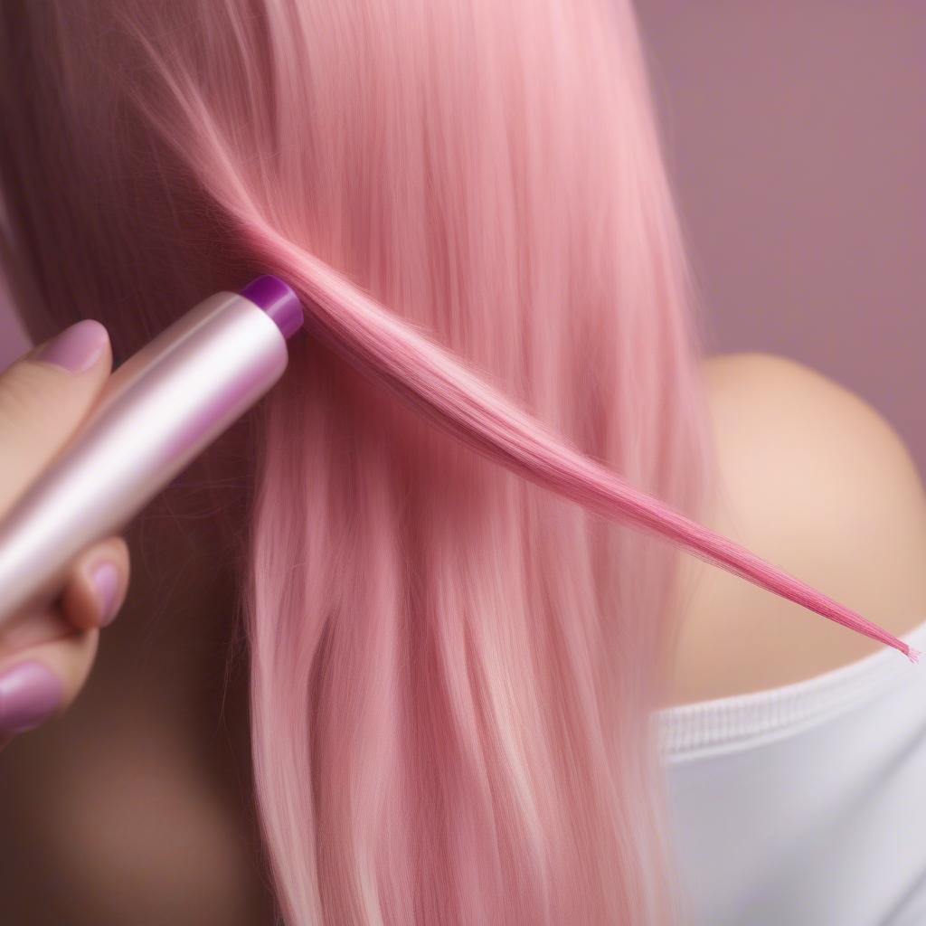 Applying a pink hair dye stick to a section of blonde hair.