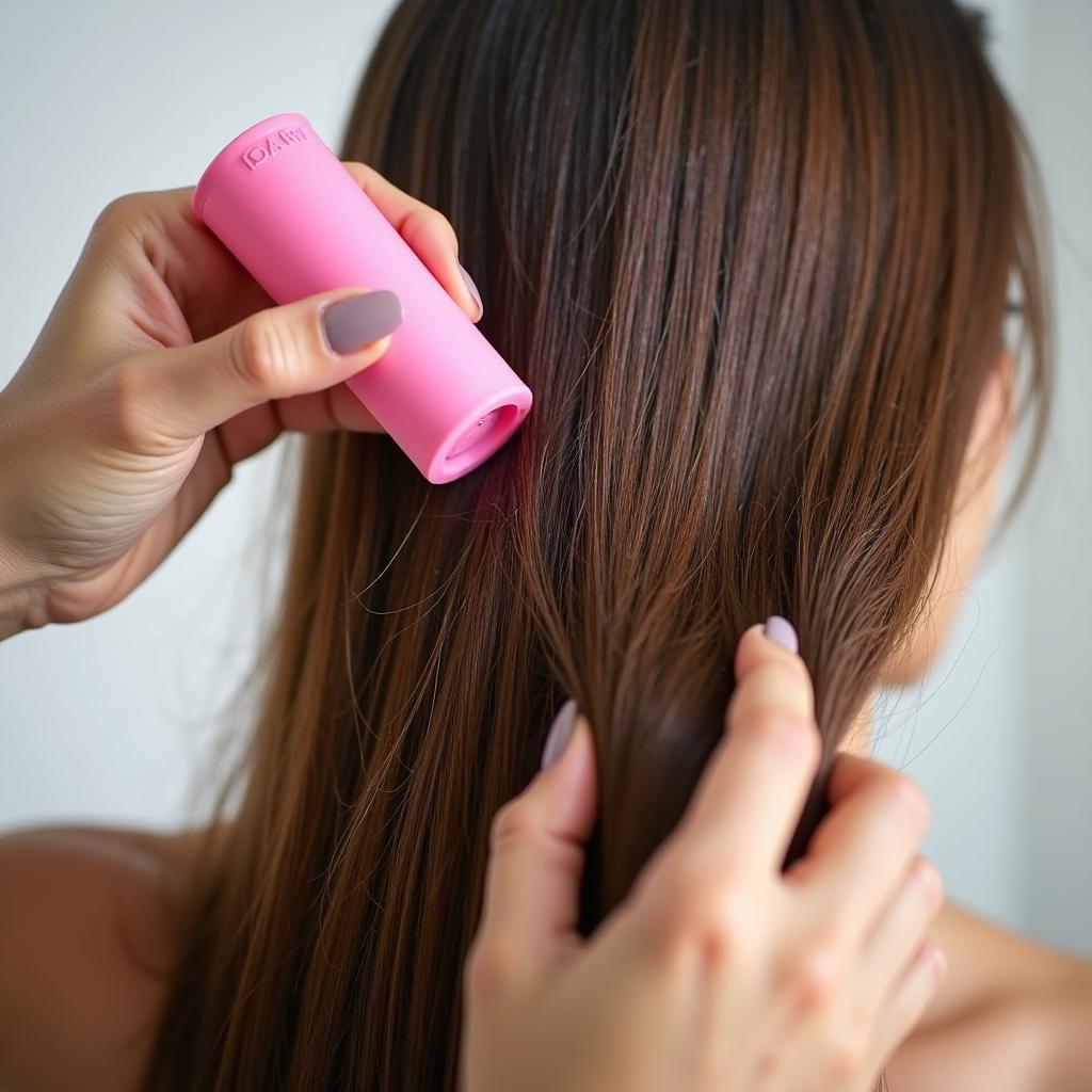 A woman applying hair oil to the ends of her hair.