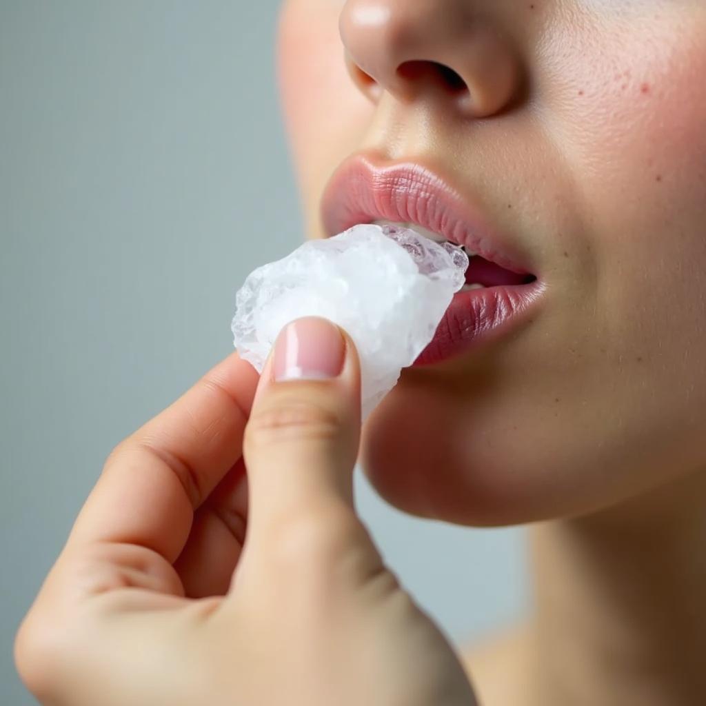 Person applying ice pack to lips