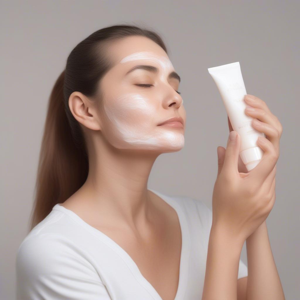 A woman applying La Mer The Moisturizing Soft Lotion to her face