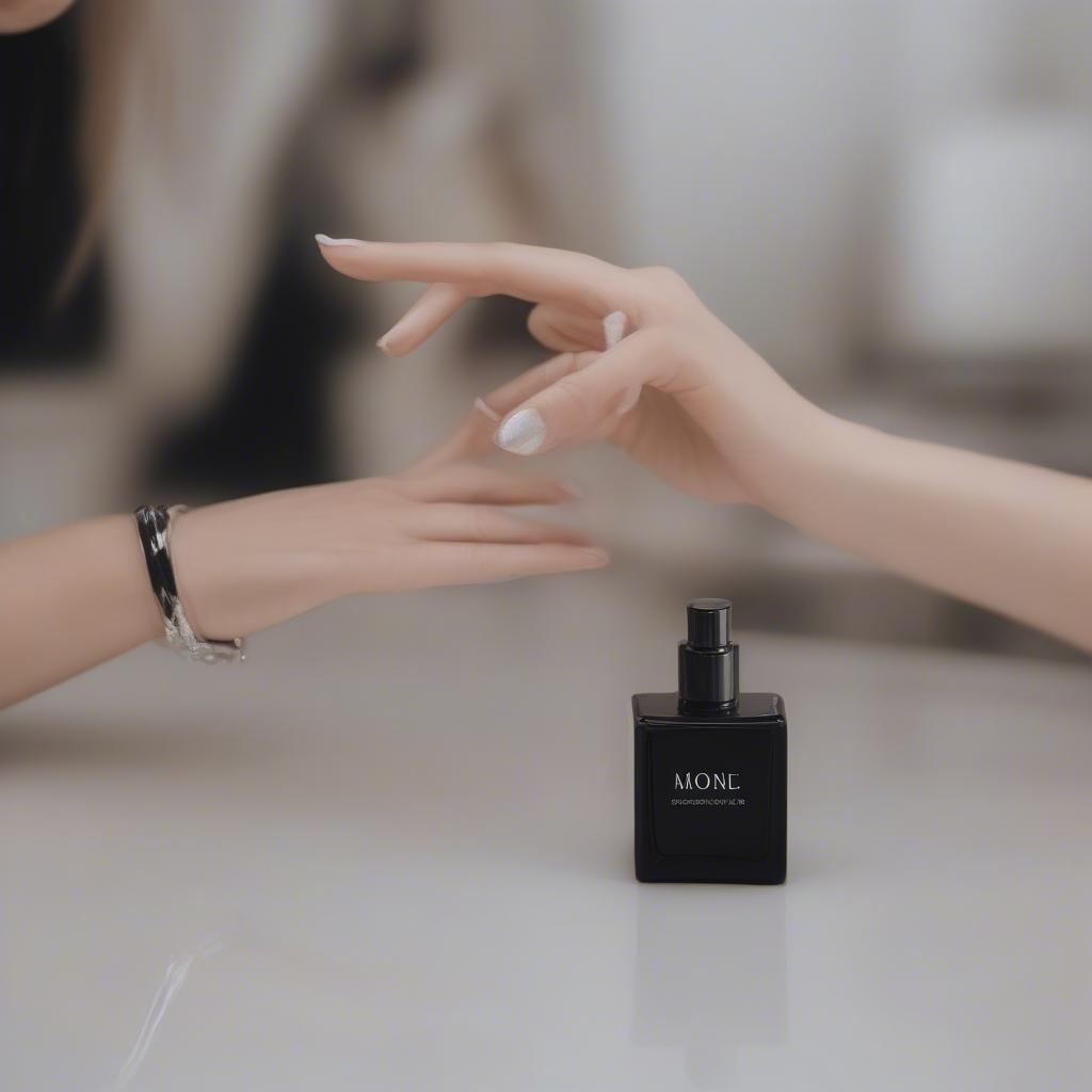 A woman applying moon black perfume to her wrist.