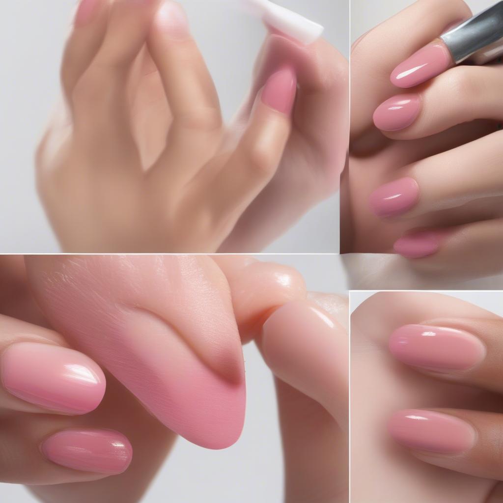 Step-by-step application of nude peach nail polish, demonstrating proper technique.