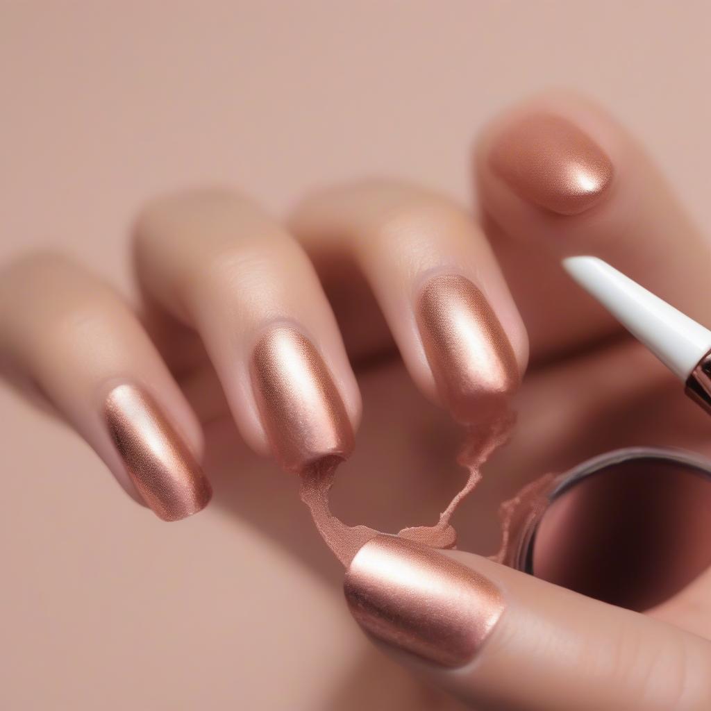 Applying rose gold jelly nail polish with a brush