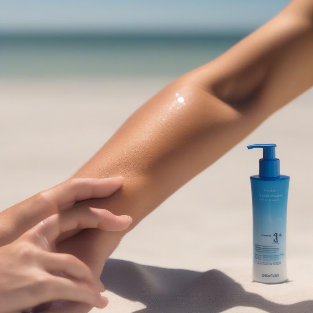 A person applying sun UV 2 in 1 lotion to their arm on a sunny beach.