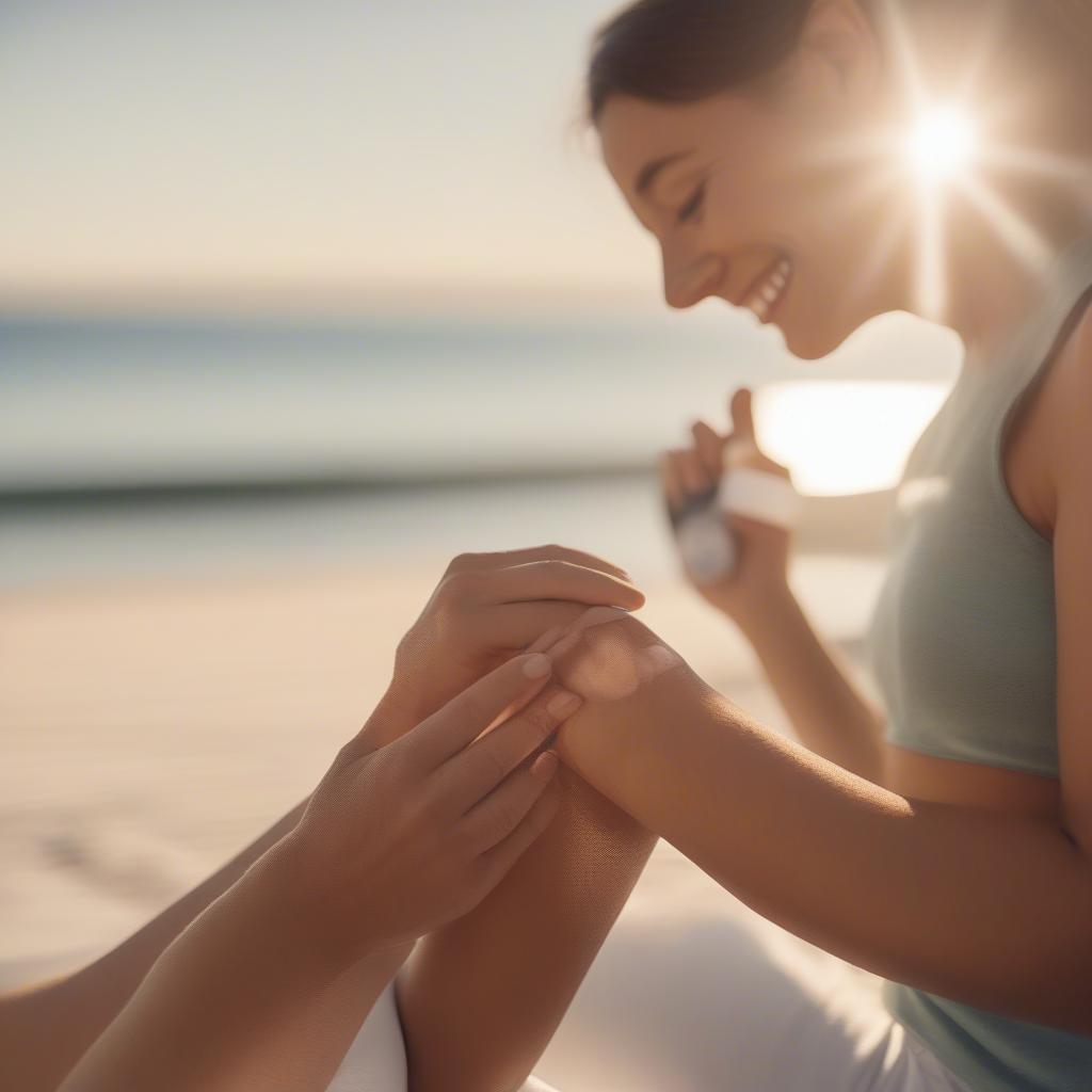 A person applying sunscreen outdoors