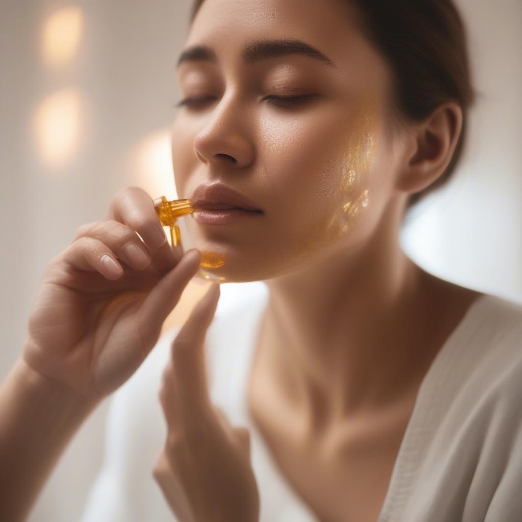 A woman applying sunshine serum to her face