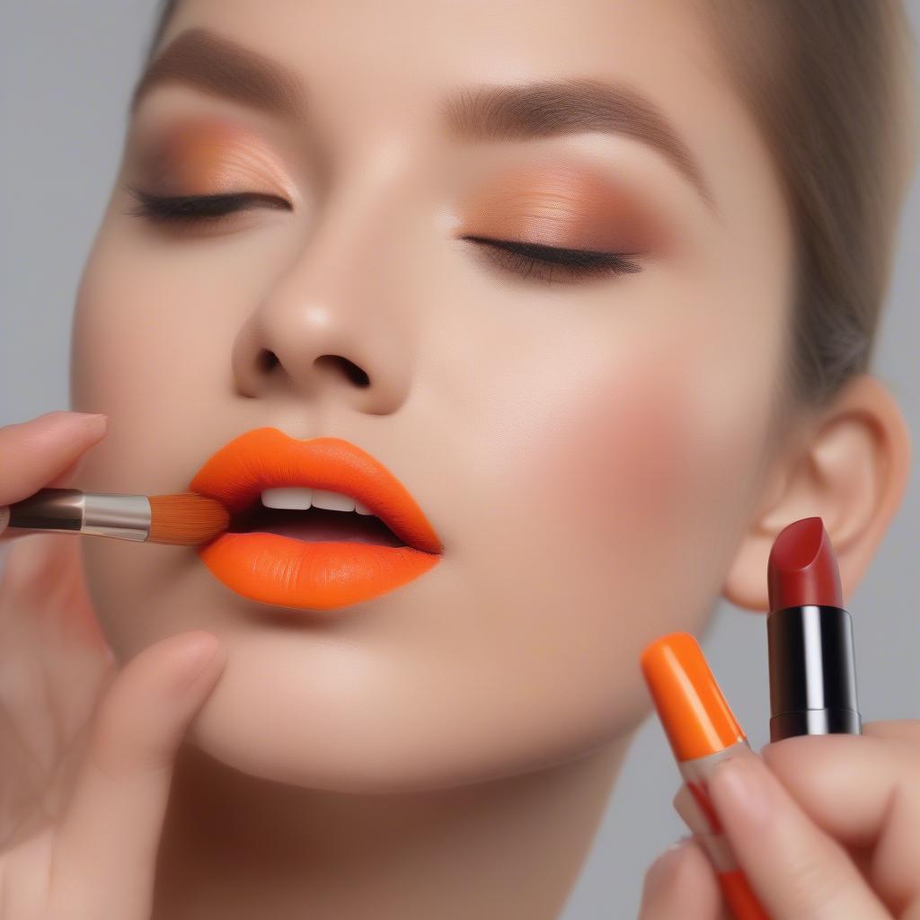 A woman applying tangerine lipstick using a lip brush, demonstrating precise application techniques.