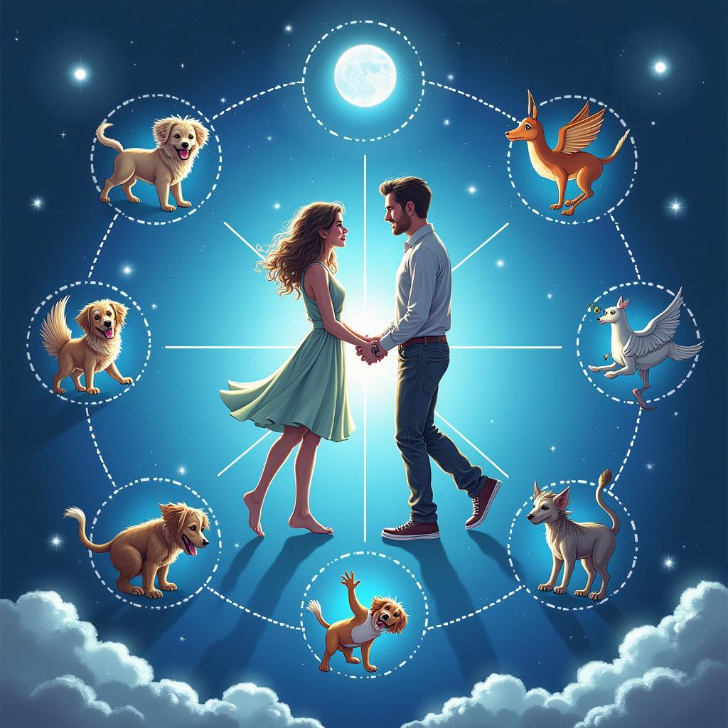 Aquarius In Love Compatibility: Depiction of an Aquarius symbol interacting with other zodiac signs, highlighting compatible and challenging pairings.