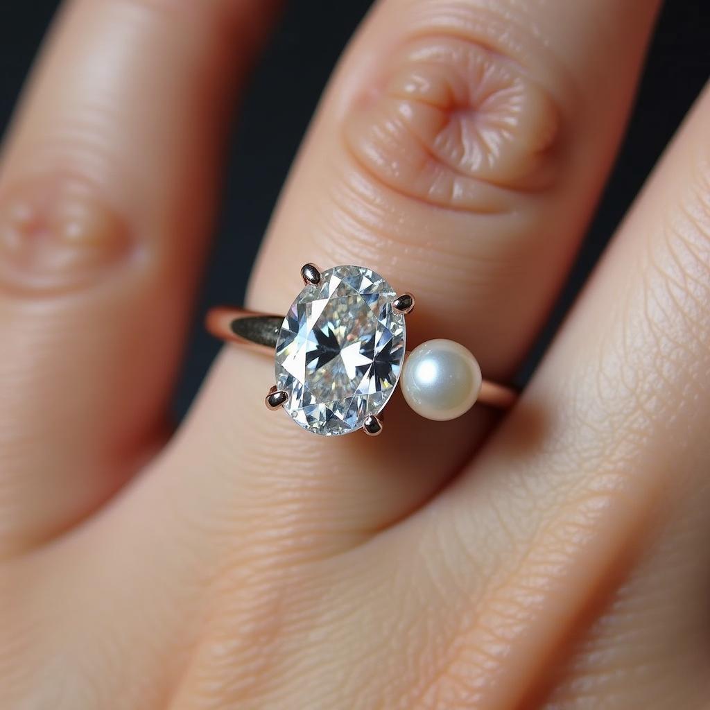 Close-up view of Ariana Grande's engagement ring, showcasing the unique diamond and pearl setting.