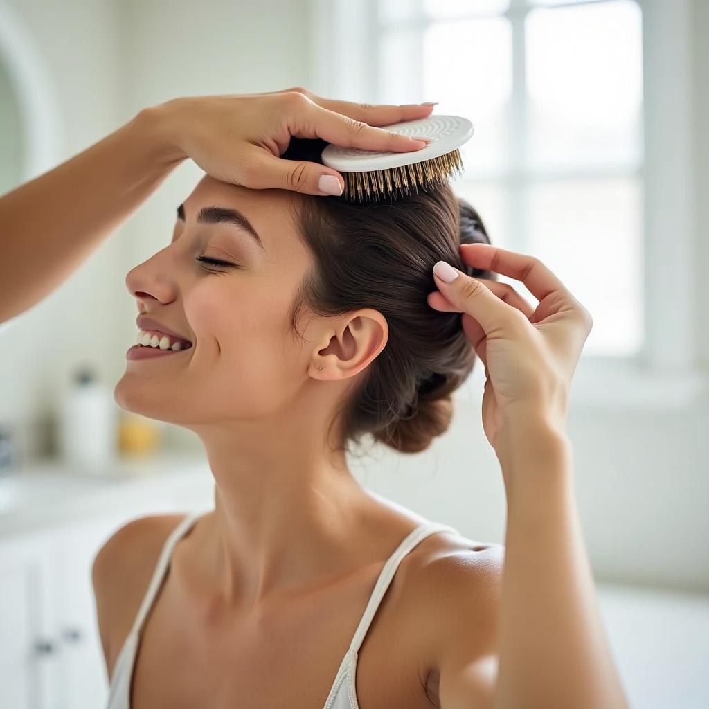 A person performing a self-head massage using a scalp brush