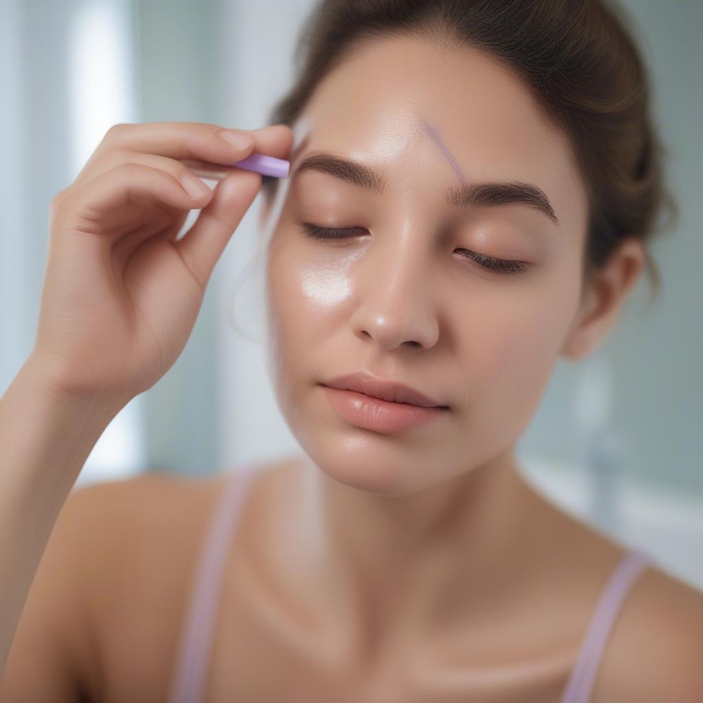 Woman applying bakuchiol serum stick to her face