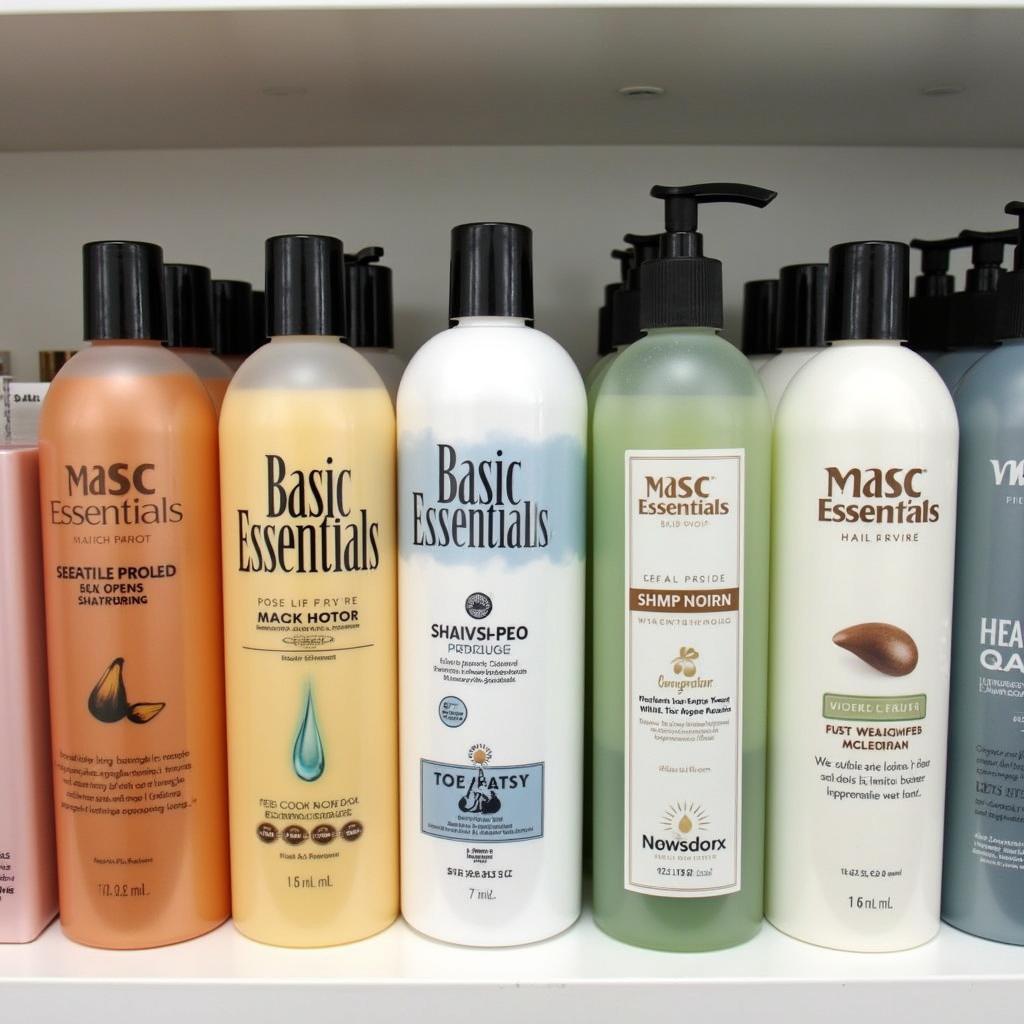 Different bottles of basic essentials shampoo