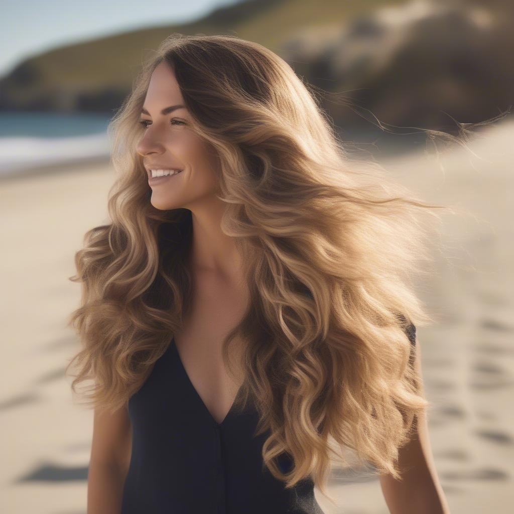 Woman with flowing beachy waves styled using Awapuhi Texturizing Sea Spray