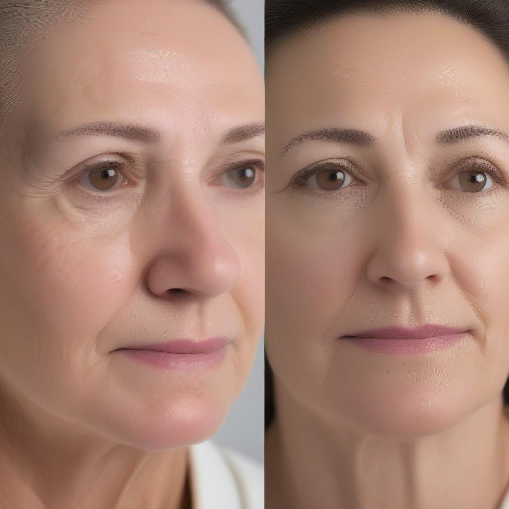 Side-by-side comparison of a client's face before and after a series of professional microcurrent treatments, showcasing visible improvements in skin tone, texture, and wrinkle reduction.