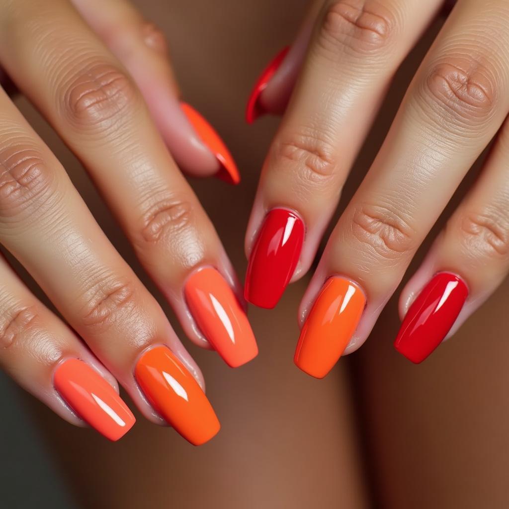 Coral and red nail polish on tan skin