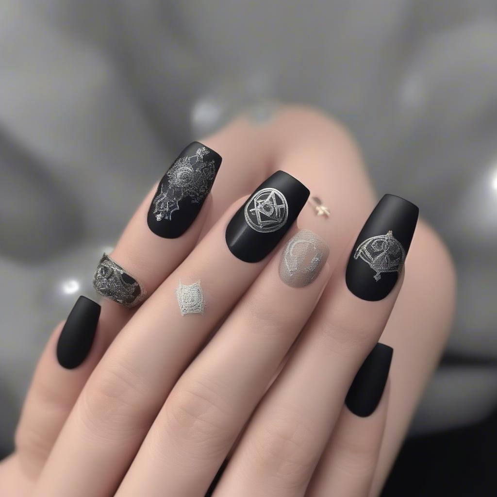 Black Witch Nails with Silver Accents