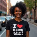 Black Woman Wearing "I Love Being a Black Woman" Shirt with Pride