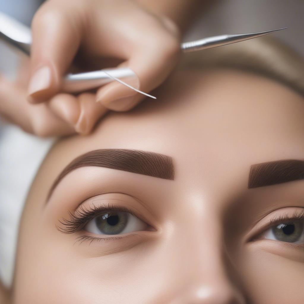 Microblading artist working on blonde eyebrows