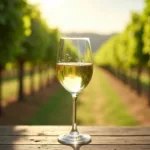 A glass of blonde wine against a vineyard backdrop