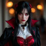 Cosplayer wearing blood red contacts and elaborate costume