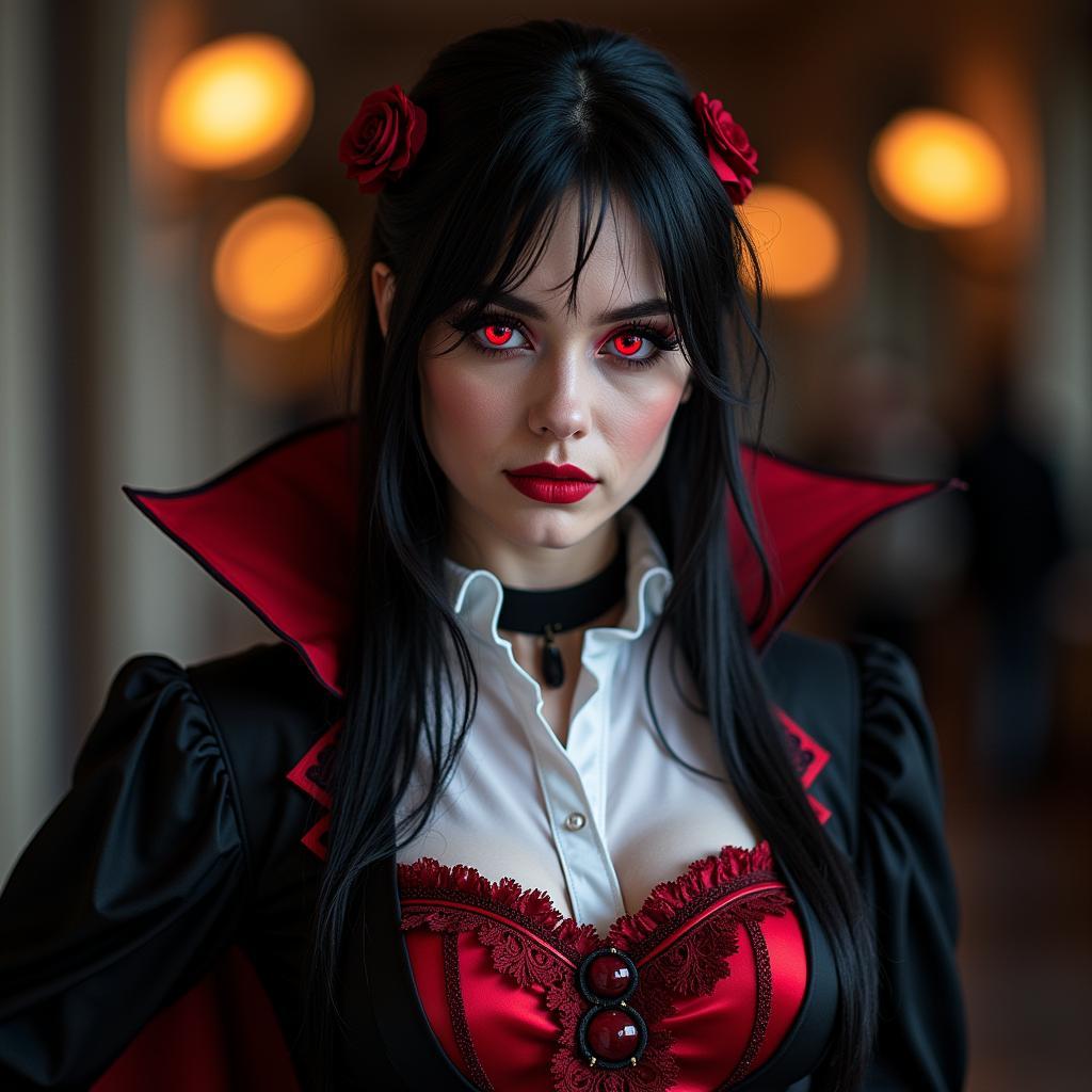 Cosplayer wearing blood red contacts and elaborate costume