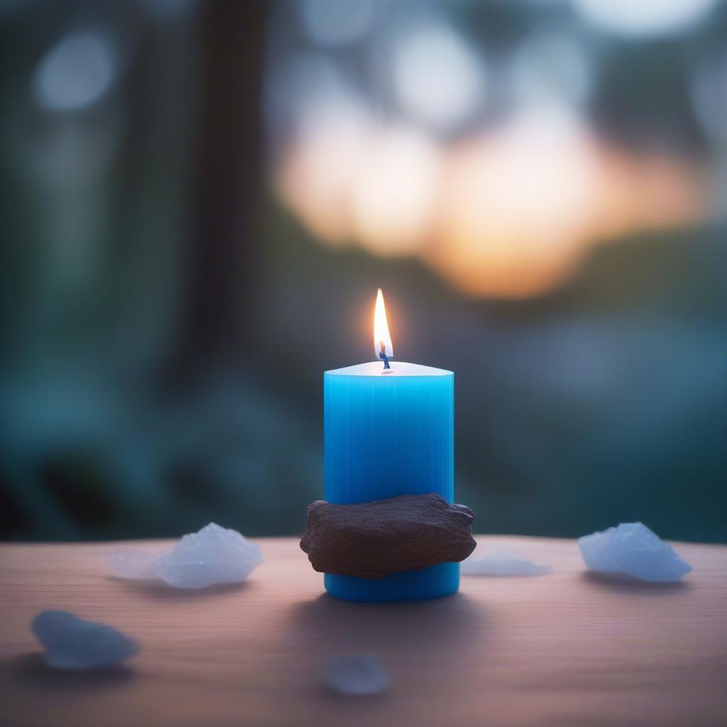 Meditating with a Blue Candle:  A person meditating in a peaceful setting with a lit blue candle.