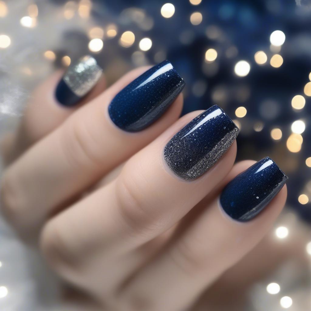 Blue glitter gradient December nails, transitioning from a deep blue base to shimmering silver glitter tips, creating a festive and glamorous look.