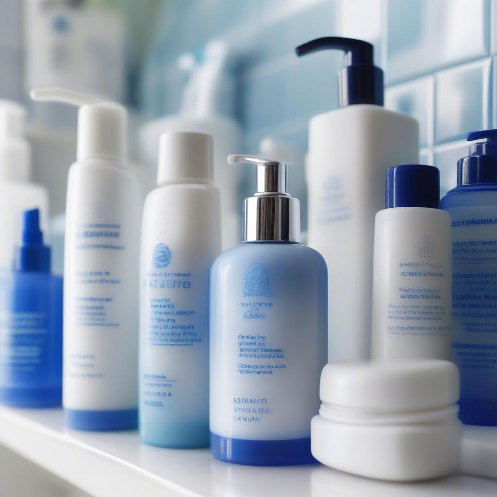 Blue and White Lotion Bottles on a Shelf