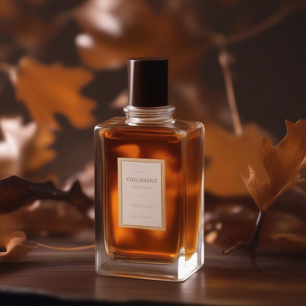 A bottle of bourbon amber cologne resting on a wooden surface, with warm lighting and amber-colored accents.