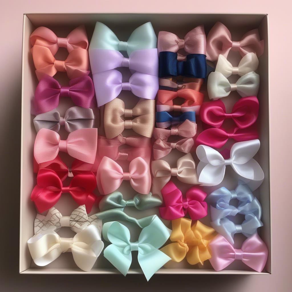 A box filled with a variety of hair bows, showcasing different sizes, colors, and styles.