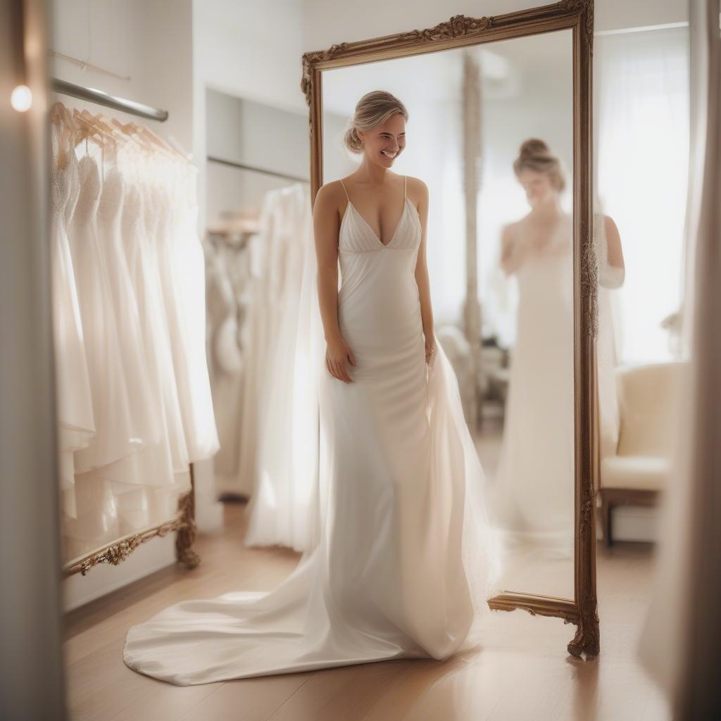 Bride Trying on White Silk Lingerie