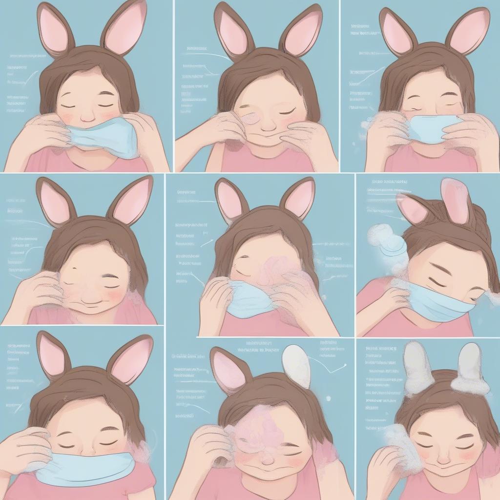 A graphic illustrating the proper hand-washing technique for a bunny sleep mask.