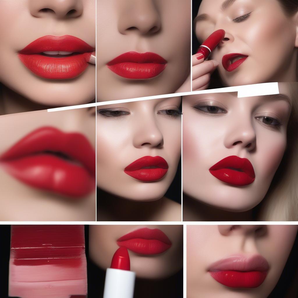 Step-by-step application of candy red lipstick.