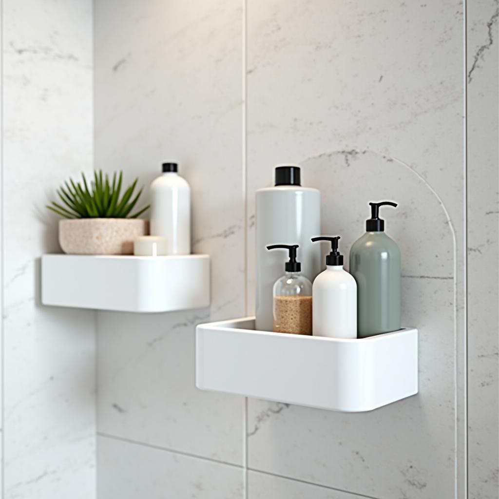 Modern ceramic shower shelves in a tiled bathroom