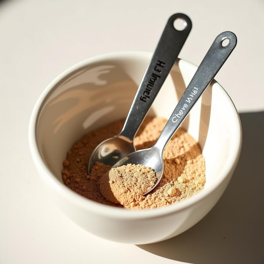 Chebe powder for hair growth, displayed in a bowl with measuring spoons.