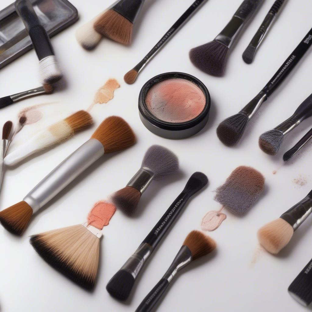 Close-up of cinema makeup brushes being cleaned